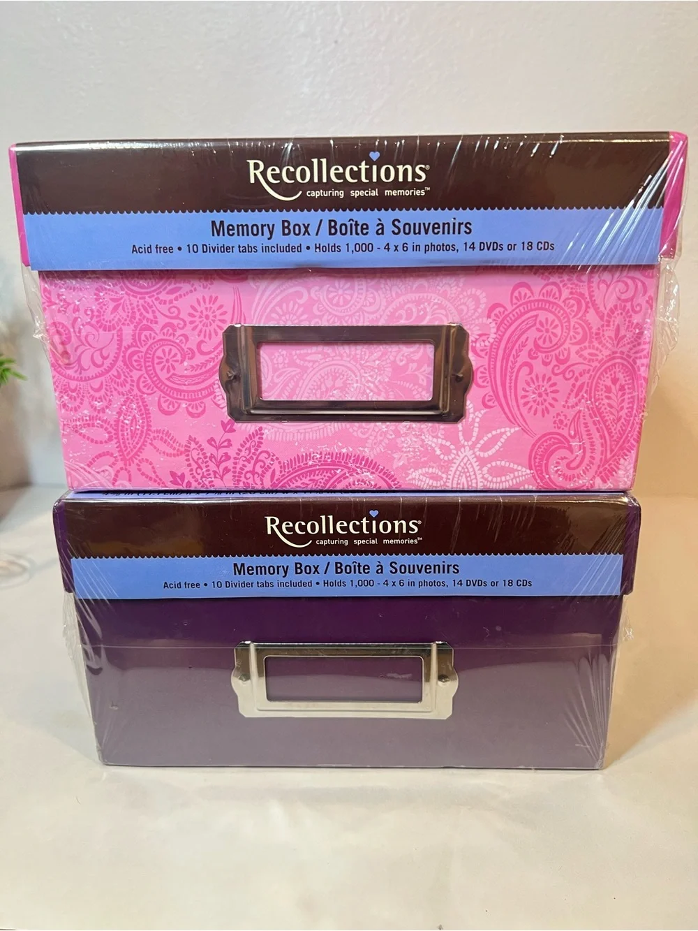 2- NIB Recollections Pink and Purple Memory Boxes Photo Storage 7.5x11.5 4.5” H